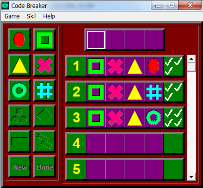 Symantec Game Pack (Windows 3.x) screenshot: Code Breaker game (Running on Windows 7)