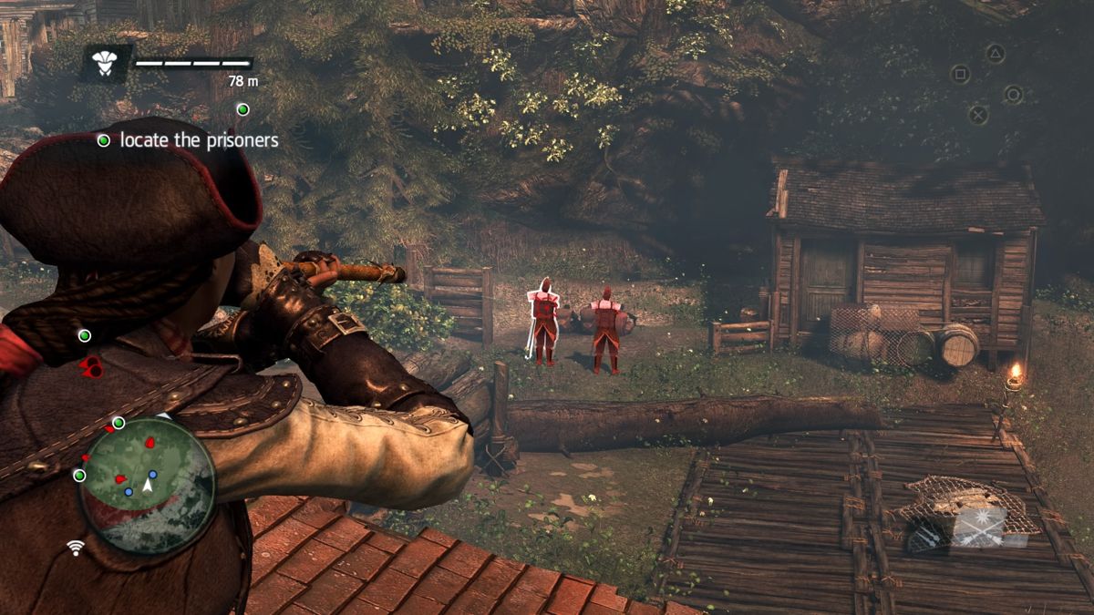 Assassin's Creed IV: Black Flag - Aveline (PlayStation 4) screenshot: Using blowpipe dart to make enemy soldier go berserk