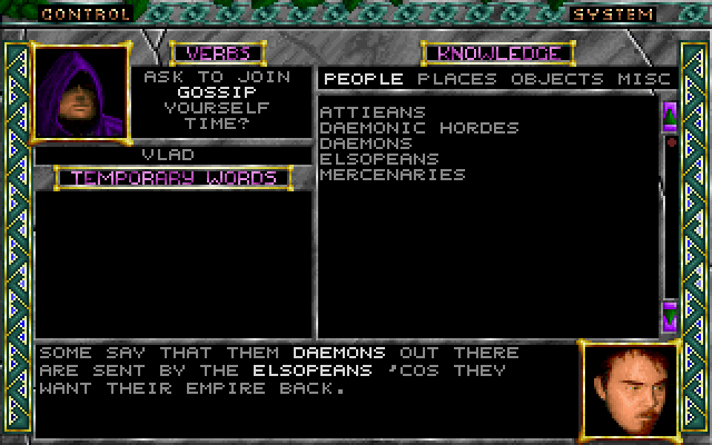 Daemonsgate (DOS) screenshot: Conversing with the local populace. Key words are highlighted and if clicked, they will be automatically stored for future reference.