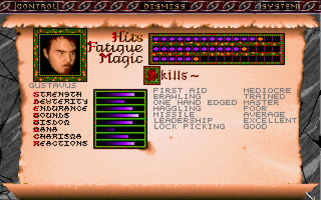 Daemonsgate (DOS) screenshot: Character sheet. Different characters may have different abilities (shown at the right)