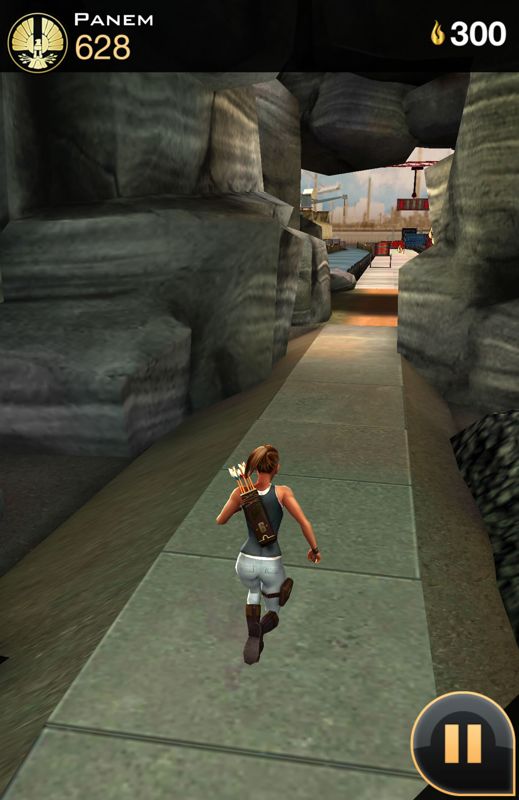 The Hunger Games: Catching Fire - Panem Run (Android) screenshot: Swipe up to jump and cross the gap.