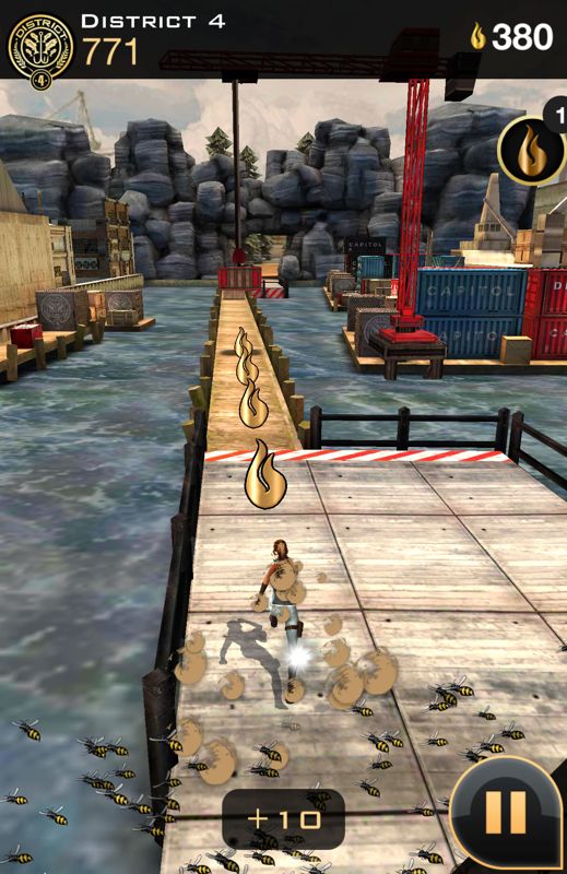 The Hunger Games: Catching Fire - Panem Run (Android) screenshot: Move to the left lane and collect sparks.