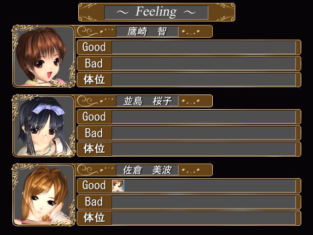 Torawareta Garasu no Kokoro (Windows) screenshot: Here you can view your progress with each girl.
