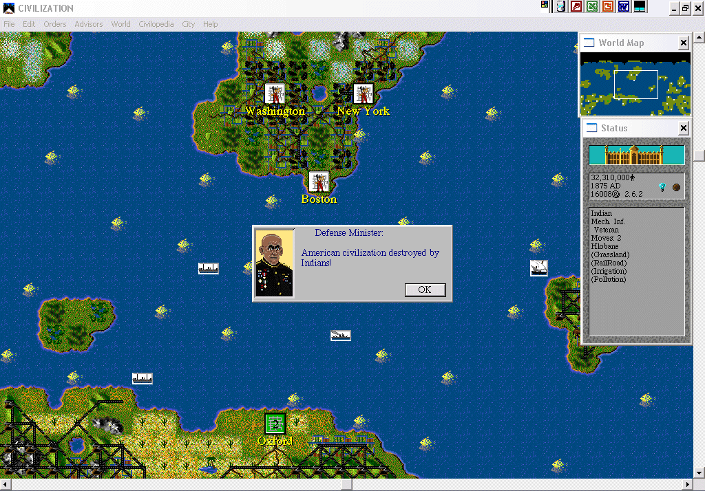 Sid Meier's Civilization (Windows 3.x) screenshot: Abe's island after a nuclear attack