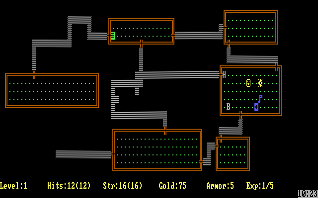 Rogue (DOS) screenshot: Mapping a dungeon is easy once you've been there