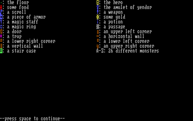 Rogue (DOS) screenshot: Guide to on-screen icons