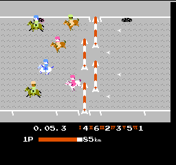 Family Jockey (NES) screenshot: A dirt course with obstacles.