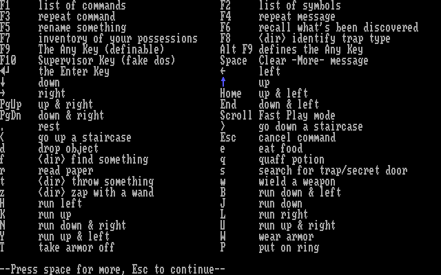 Rogue (DOS) screenshot: Some of the available commands