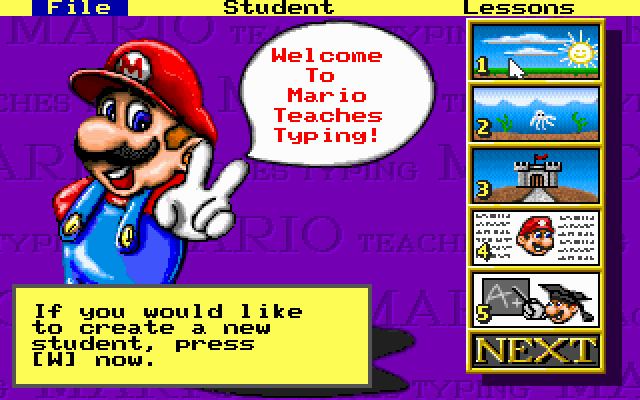 Mario Teaches Typing (DOS) screenshot: Main Menu