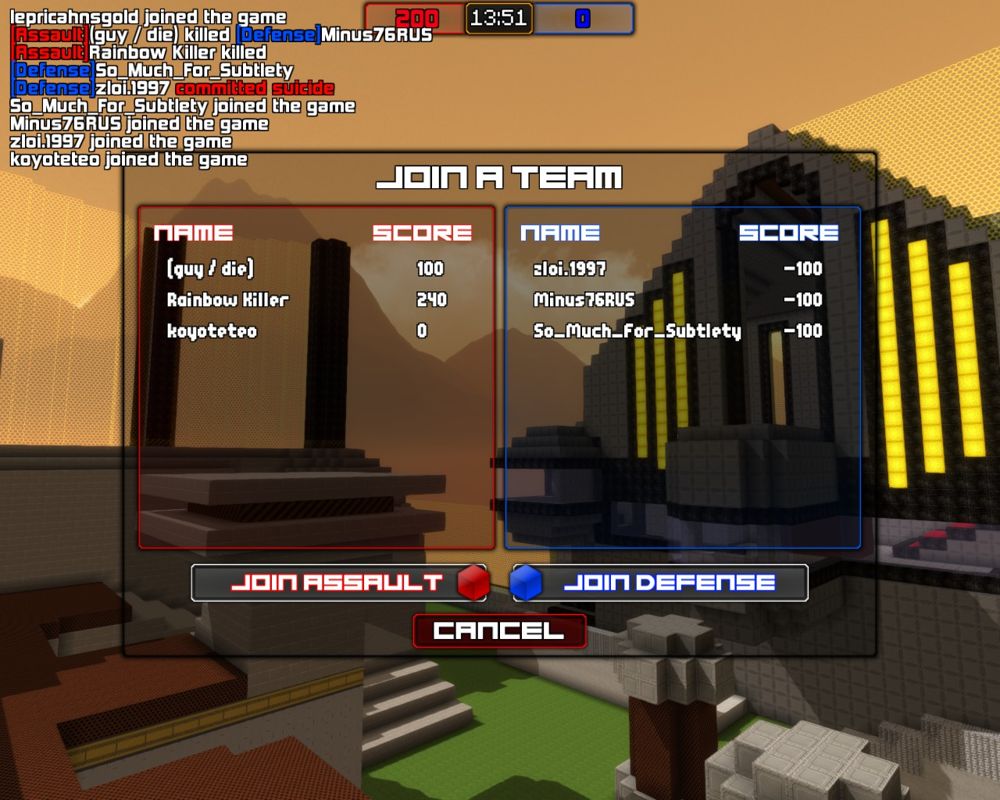 Blockstorm (Windows) screenshot: Join a team, Assault or Defense.
