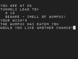 Acornsoft Games Pack 5 (Atom) screenshot: Killed by the wumpus (Wumpus)