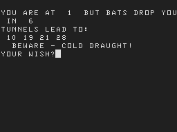 Acornsoft Games Pack 5 (Atom) screenshot: Getting transported by a bat (Wumpus)