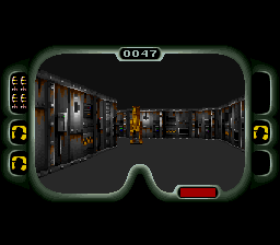 Jurassic Park (SNES) screenshot: Inside a building, the game turns into a primitive FPS. That's a raptor, use your imagination!