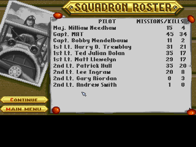 Wings (Amiga) screenshot: Squadron roster will show every pilot's (that's alive) basic statistics.