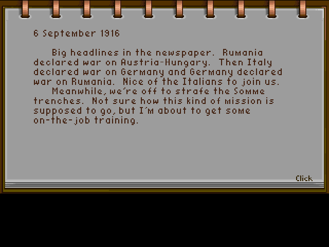 Wings (Amiga) screenshot: Your diary will lead you through an entire game, serving as a background story for your (main) character.