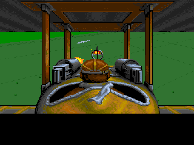 Wings (Amiga) screenshot: Going against AA bunker in first-person.