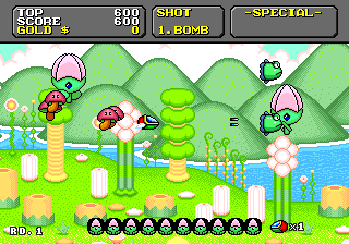 Super Fantasy Zone (Genesis) screenshot: Shooting at an enemy.