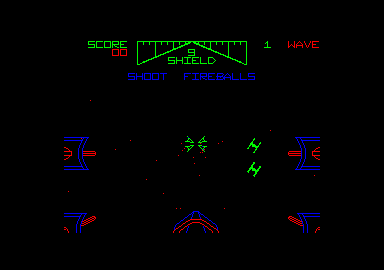 Star Wars (Amstrad CPC) screenshot: Shoot the TIE fighters and fireballs.