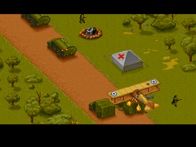 Wings (Amiga) screenshot: Strafing the enemy convoy.