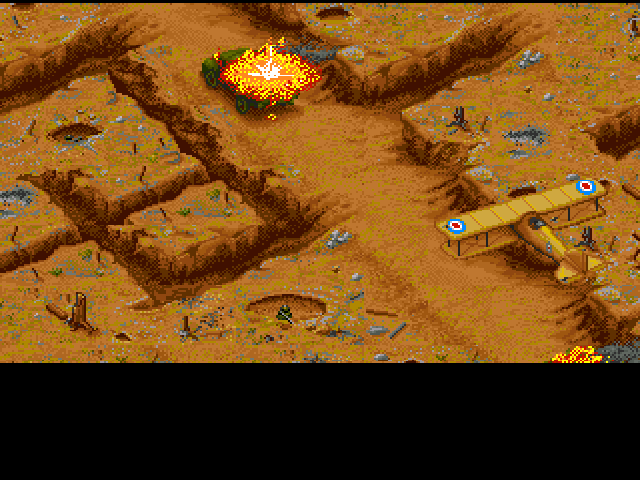 Wings (Amiga) screenshot: Strafing the infantry well hidden on the muddy terrain.