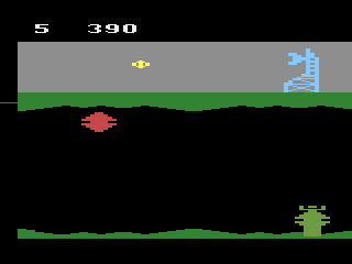 Exocet (Atari 2600) screenshot: I need to hit this tower on its firing spot, up high.