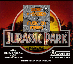 Jurassic Park (SNES) screenshot: Title screen. Game can use SNES mouse.