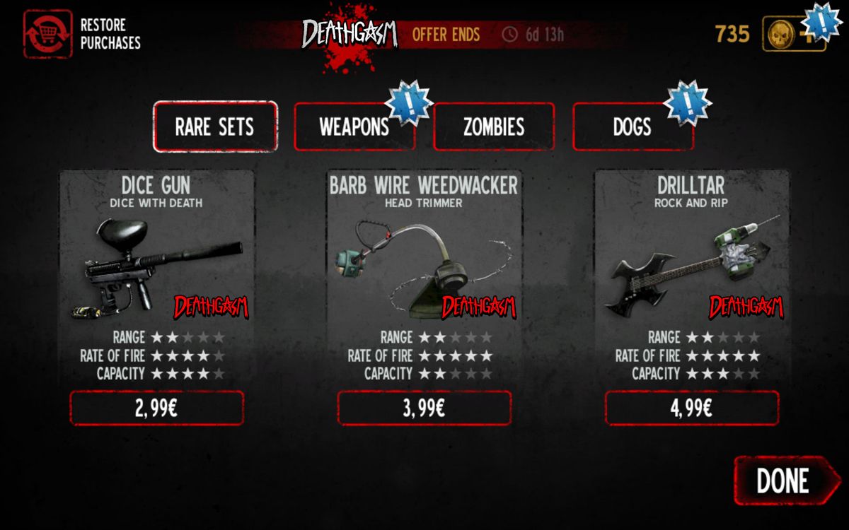 Into the Dead (Android) screenshot: Weapons from the store