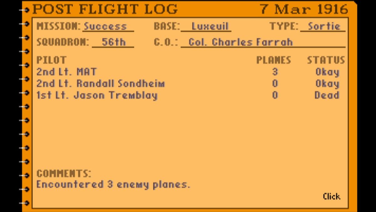 Wings (Macintosh) screenshot: Post flight log (GOG version)