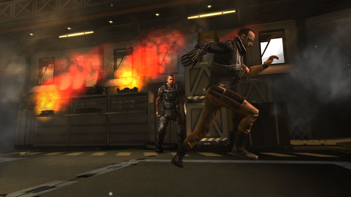 Deus Ex: The Fall (Windows) screenshot: Irreconcilable differences with your old team forcing you to jump off the plane