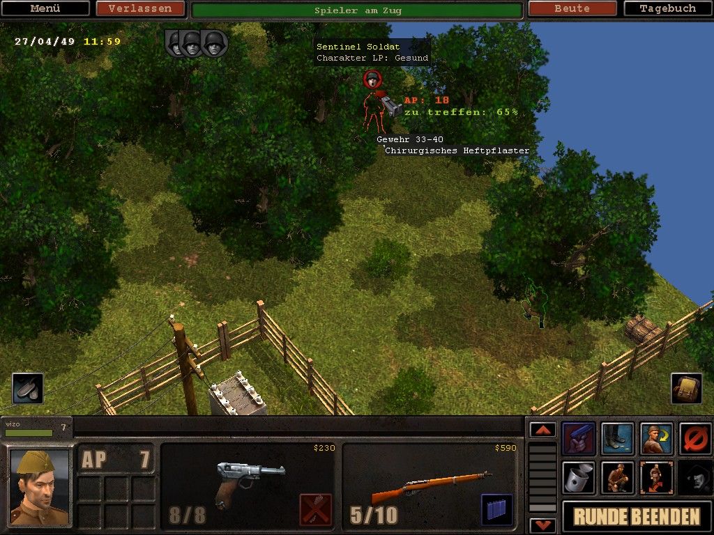 Hammer & Sickle (Windows) screenshot: Currently you have a 65% chance to hit him. You can decide to shoot more precisely but it will cost more action points.