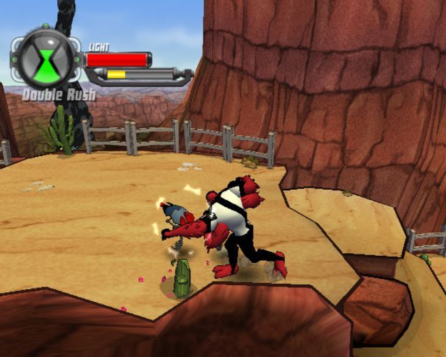 Ben 10: Protector of Earth (PlayStation 2) screenshot: Fourarms fighting drones. <br>As they are destroyed they leave Omnitrix points, those yellow balls, that let Ben unlock new alien abilities. They also drop DNAde and Chrono Crystals