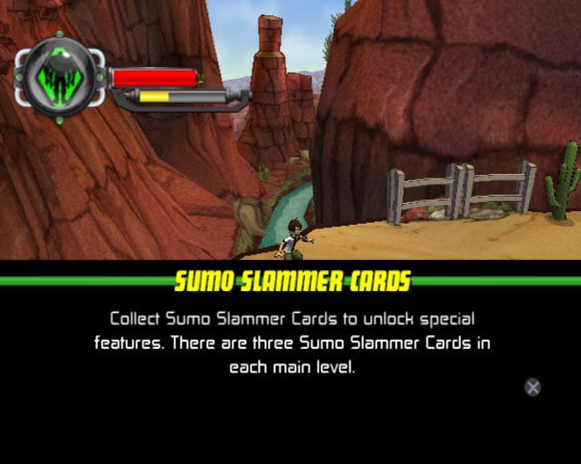 Ben 10: Protector of Earth (PlayStation 2) screenshot: There are secret cards to be found. There tends to be a trail of Omnitrix points leading to them which helps