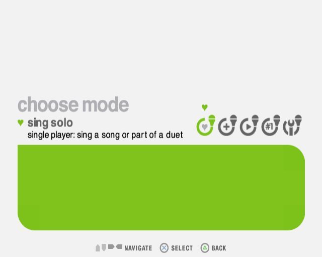 SingStar: Popworld (PlayStation 2) screenshot: The main menu. From left to right the options are; <br>Sing Solo, or as part of a duet <br>Party, 2-8 players <br>Freestyle, no scoring <br>High Scores <br>Game Configuration Options
