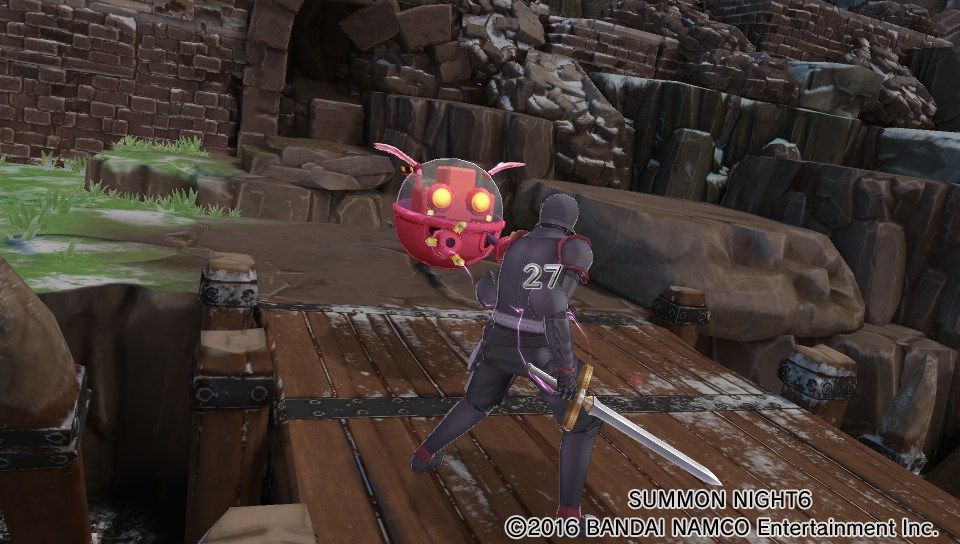 Summon Night 6: Lost Borders (PS Vita) screenshot: Attacking an enemy soldier with a summoned drone (Trial version)