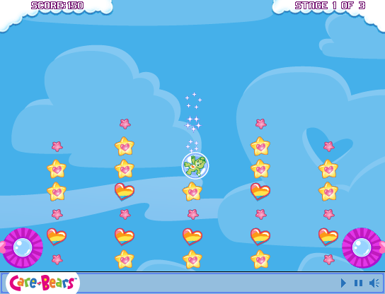 Oopsy's Bubble Bumpers (Browser) screenshot: You begin at the top, falling down while collecting pickups and bouncing on bumpers...