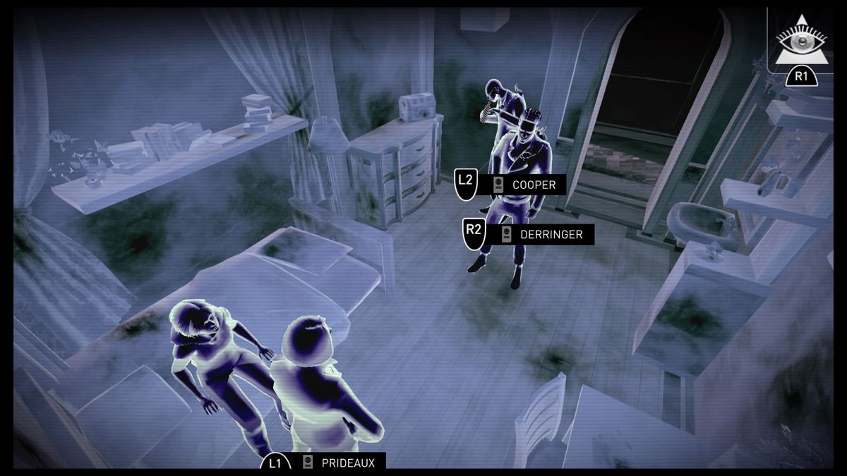 République (PlayStation 4) screenshot: Episode 1 - Eye view lets you scan for interesting objects and personnel in the room