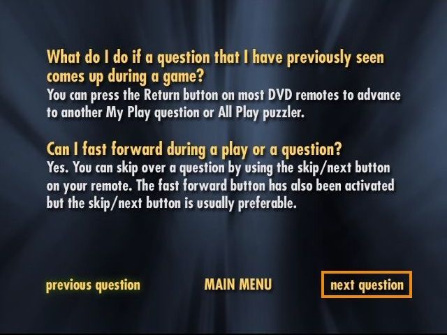 Scene It?: Turner Classic Movies Edition (DVD Player) screenshot: The main menu has a help section which answers many common questions