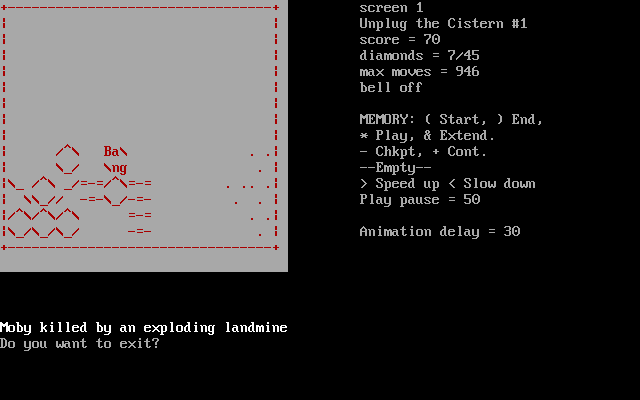 Wanderer (DOS) screenshot: Exploded by a bomb! How undignified.