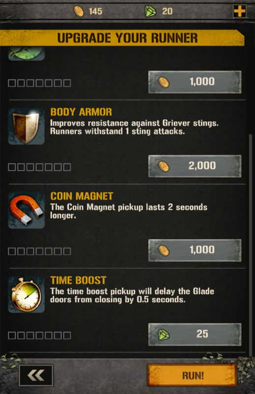 The Maze Runner (Android) screenshot: Runner upgrades