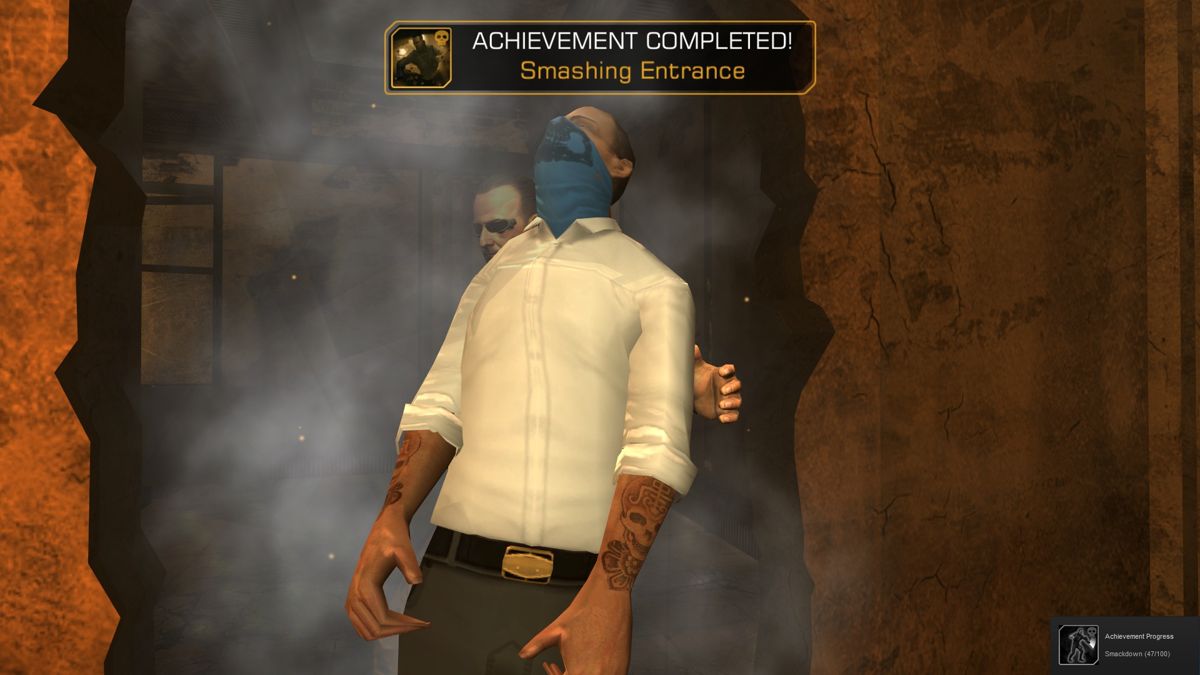 Deus Ex: The Fall (Windows) screenshot: Performing a takedown through the wall