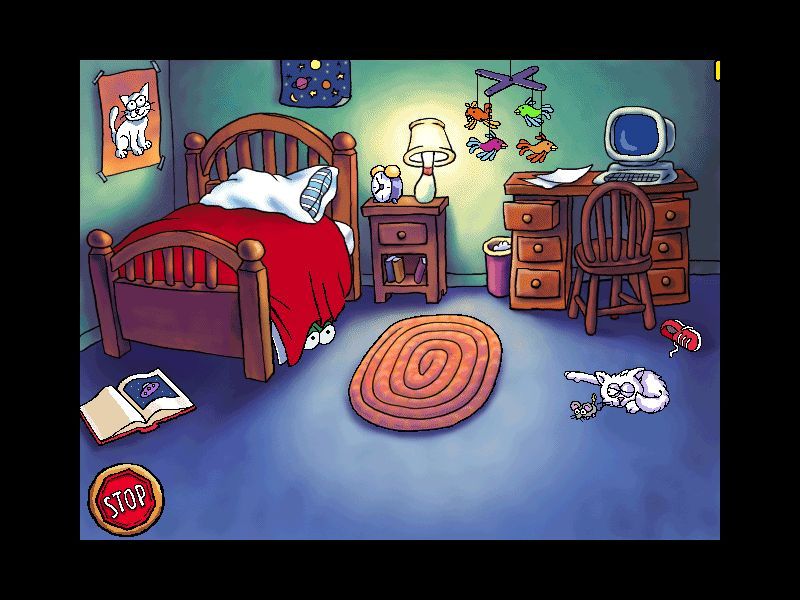 Huggly Saves the Turtles: Thinking Adventures (Windows) screenshot: Several objects in the room are interactive - this cat is about to smack the mouse, but it's ok - it's a wind-up toy