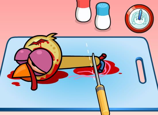 Cooking Mama: Mama Kills Animals (Browser) screenshot: Chop the neck into little pieces.