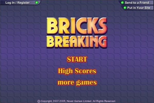 Bricks Breaking (Browser) screenshot: Title screen and main menu