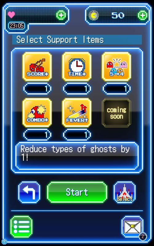 Pac-Man: Puzzle Tour (Android) screenshot: Select support items before starting a new game.