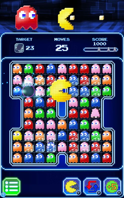 Pac-Man: Puzzle Tour (Android) screenshot: Using the support item to remove a single ghost from the board.