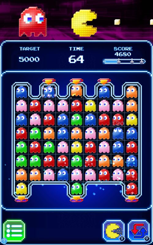 Pac-Man: Puzzle Tour (Android) screenshot: An unusual game where ghosts shift and disappear from the bottom of the board.