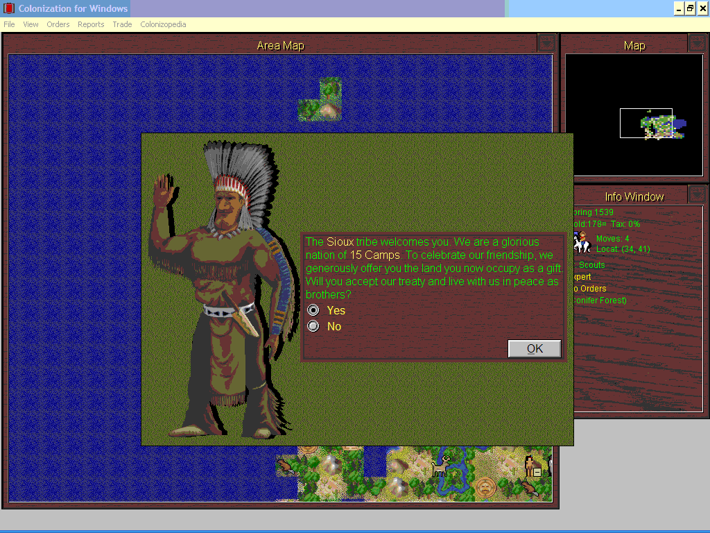 Sid Meier's Colonization (Windows 3.x) screenshot: First encounter with the Sioux Tribe