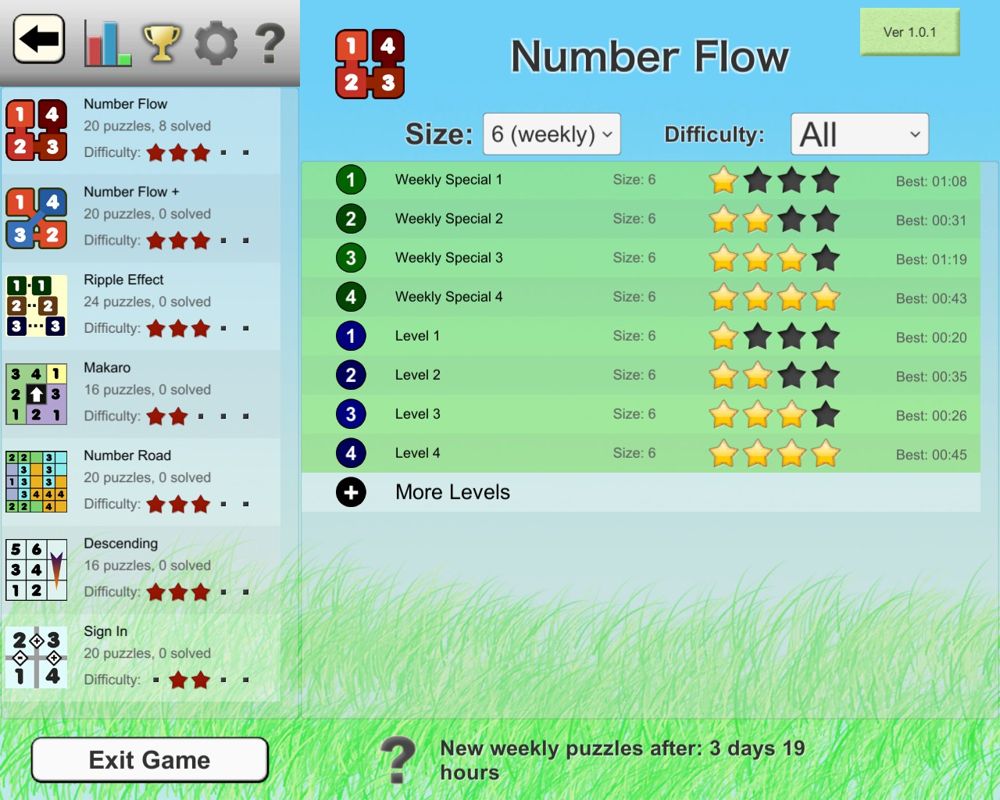 Ultimate Logic Puzzle Collection (Windows) screenshot: As puzzles are completed the times are recorded and displayed. Note the message at the bottom of the screen, the first four puzzles are weekly puzzles and they will be replaced in just under four days
