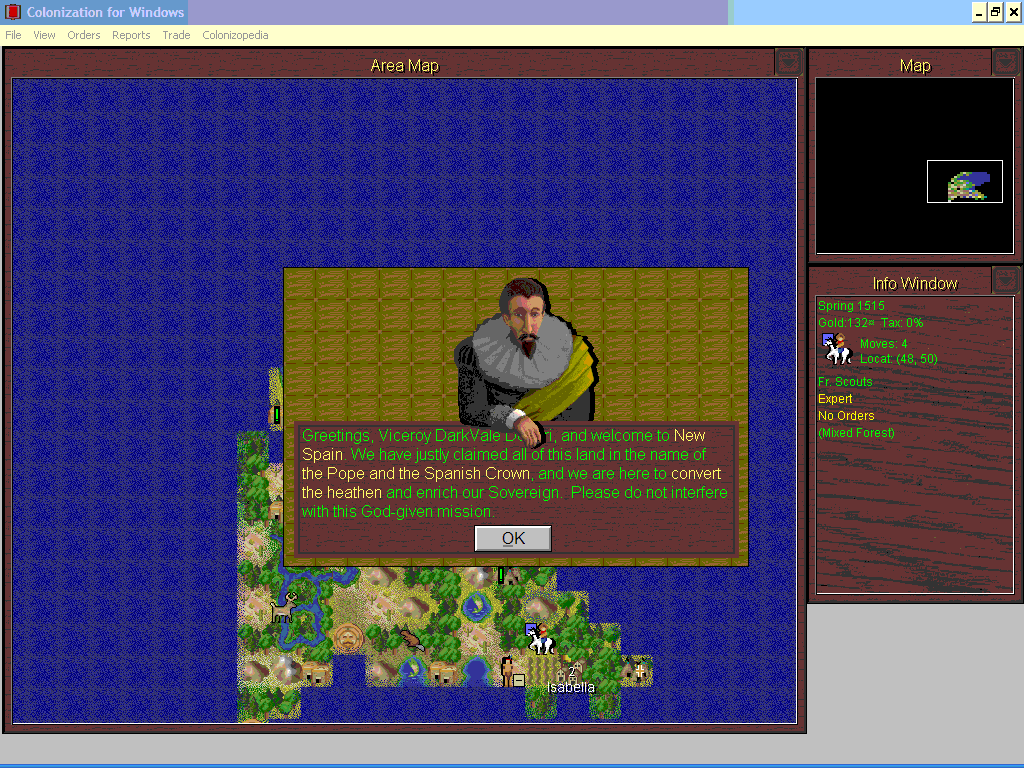 Sid Meier's Colonization (Windows 3.x) screenshot: Encounter with the Spanish conquerors