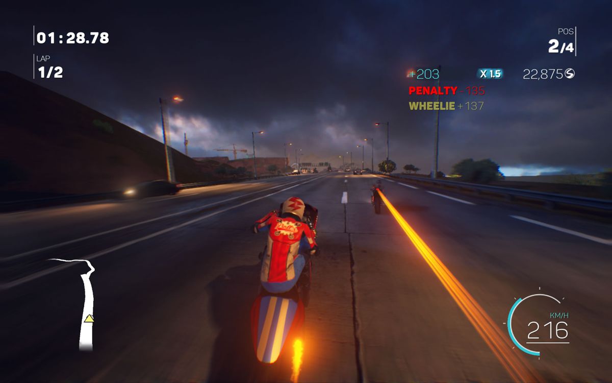 Moto Racer 4 (Windows) screenshot: Doing a wheelie to catch up while dodging traffic.